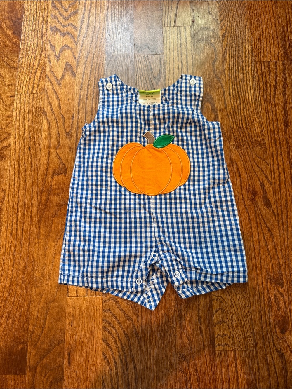 Blue Gingham Pumpkin Appliqué Kids Halloween Romper